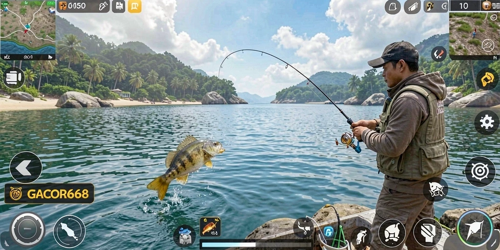 Tampilan layar gameplay GACOR668 dengan aksi memancing yang mendebarkan.