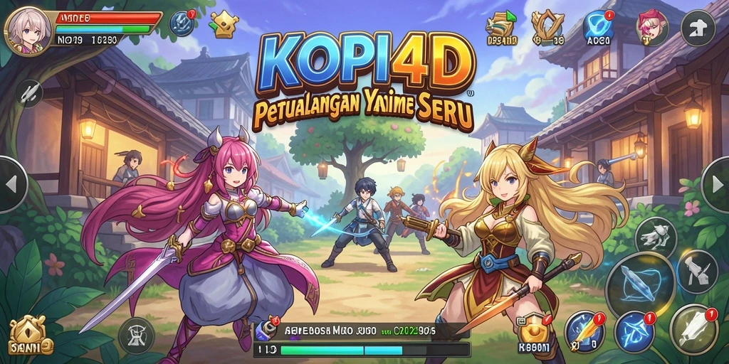 Tangkapan layar KOPI4D menunjukkan karakter anime dalam aksi petualangan.
