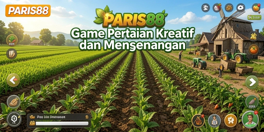 Tampilan menarik dari gameplay PARIS88 yang menunjukkan kebun dan hewan ternak.